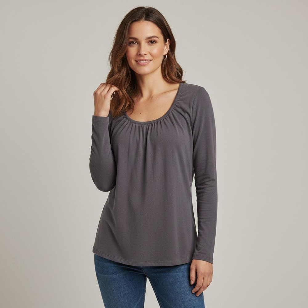 J. Jill Velvet Trimmed Tee Charcoal Gray Long Sleeve Top minimalist  classic S
